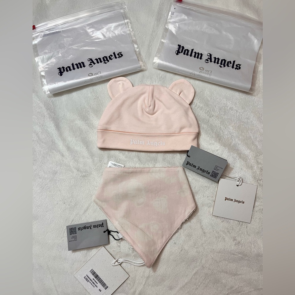 PALM ANGELS NEWBORN SET BEAR HAT AND BIB PINK BABY SHOWER GIFT NEW NET COTTON